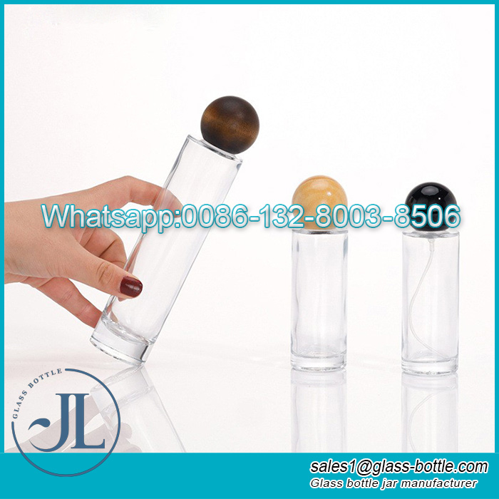 Luxury 50ml 100ml tall cylinder super flint glass perfume bottle with wood cap