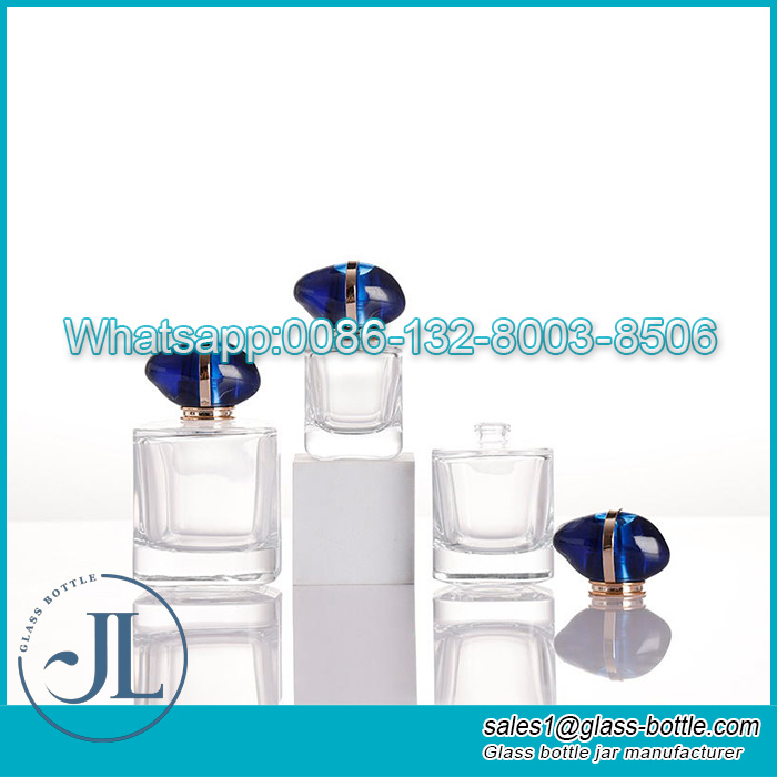 Luxury square shape transparent 30ml 50ml 100ml fragrance perfume bottle with unique cap
