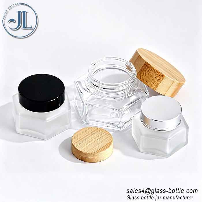 Luxury Bamboo Lid Frosted Clear Unique Hexagon Beauty Packaging Jar